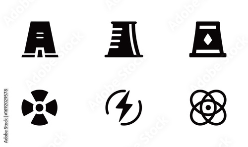 Set of nuclear and atomic energy icons, vector illustrations for power, science, and industry concepts.