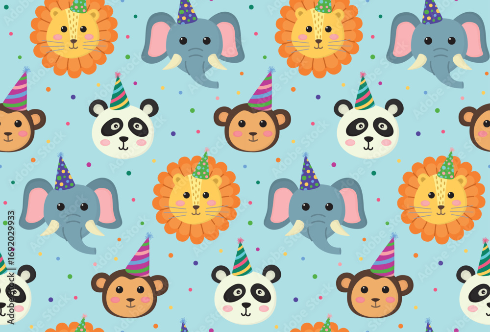 Fototapeta premium Seamless pattern with cute animal faces. Lion, elephant, monkey, and panda with birthday hats on blue background