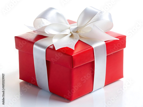 Red gift box with white ribbon isolated on white background, perfect for christmas or birthday