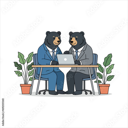 Two anthropomorphic bears in business suits collaborating on a laptop at a desk with plants