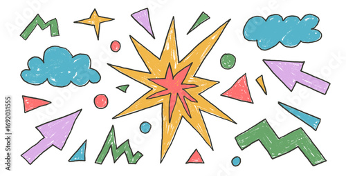 Vibrant abstract geometric elements crayon drawn set. Arrow, clouds and star with triangles doodle shapes on white background. Kindergarten naive figures. Vector childish scribble graphic wax crayon i