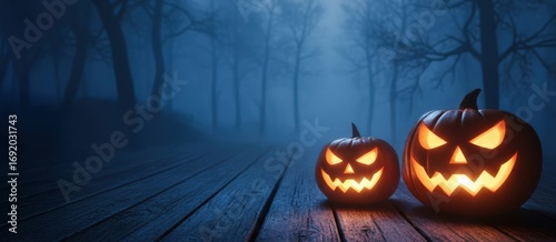 Two carved pumpkins with sinister expressions are illuminated in a dark, foggy forest, creating a spooky atmosphere for Halloween celebrations and autumn festivities