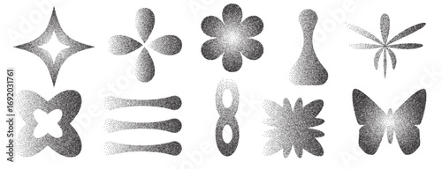 Brutalist figures with grain noise gradient texture. Y2k retro stippling forms set. Butterfly, chess piece and star flower icons on white background. Vector gritty gradation shapes illustration.