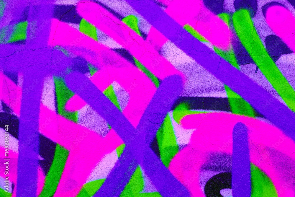 Obraz premium Neon graffiti art featuring vibrant streaks in purple, green, pink. 90s street style, bold patterns, fluorescent glow. Urban walls, street art projects, creative backgrounds, modern 90s visuals.