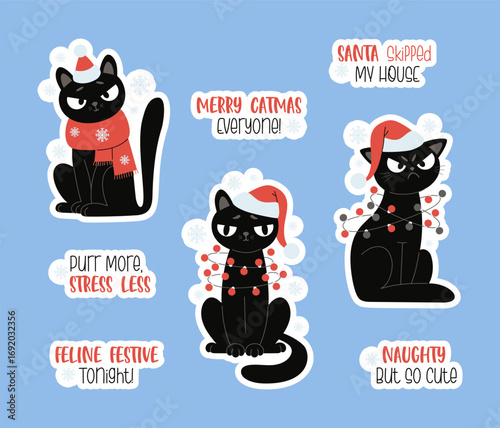 Cute Christmas Black Cat in Red Santa Hat in Festive Garland Stickers set. Winter holiday Funny emotional Pet character with Funny Phrases and Slogans. Vector illustration. Not AI
