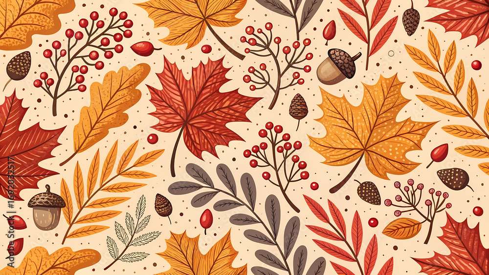 Fototapeta premium Autumn leaves in orange, red, and yellow scatter with berries and acorns on a light background