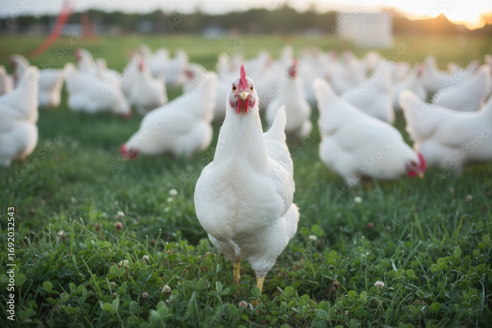 Fototapeta premium White chicken standing prominently in a green field surrounded by other chickens, showcasing farm life and natural environment with vibrant sunset in the background