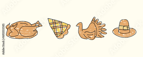 Whimsical hand drawn set of roast turkey, live turkey, pie slice, and pilgrim hat in doodle sketch style with marker texture, rustic cottagecore holiday aesthetic. Flat vector illustration isolated.