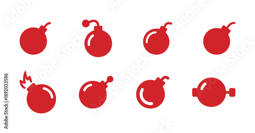 Set of bomb icons with red color, various explosive symbols for danger, warning and gaming concepts.