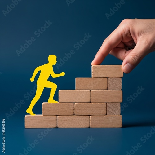 Climbing to Success: A person shaped icon ascend a wooden block staircase being guided by a helping hand, symbolizing growth and progression towards goals.