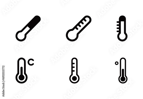 Set of thermometer icons, various styles of temperature measuring devices for weather and health concepts.
