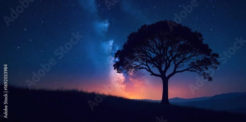 Silhouette of a lone tree against a starlit night sky, conveying a sense of peace and spiritual connection Perfect for meditation, mindfulness, and spiritual themes , dreamlike, peace