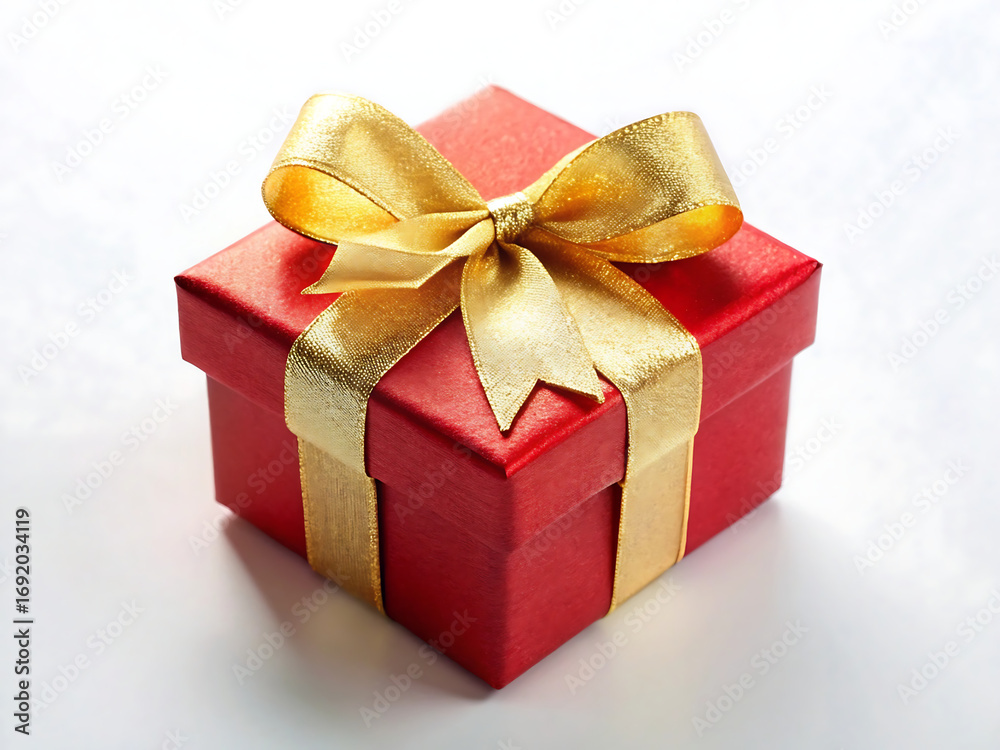 Obraz premium A beautifully wrapped red gift box with a shimmering golden bow, isolated on white background