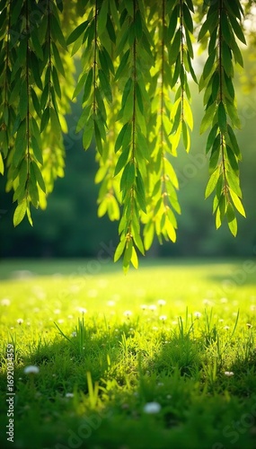 Sun-Drenched Willow Branches Grace a Summer Meadow, Idyllic Landscape Photography