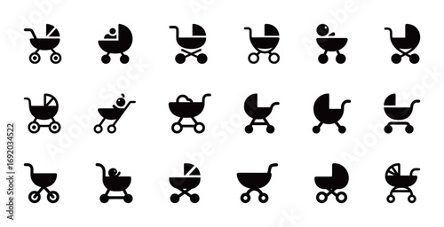 A collection of baby carriage and stroller icons, suitable for baby-related products, parenting blogs, and children's content.