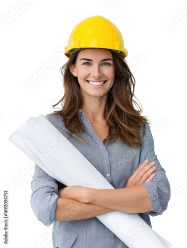Confident Female Architect with Hard Hat and Blueprints in Hand