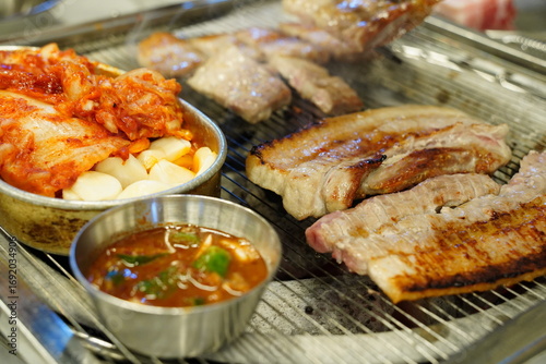 Korean BBQ with Sliced Pork Belly and Spicy Kimchi