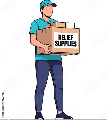 Delivery person carrying relief supplies boxes.