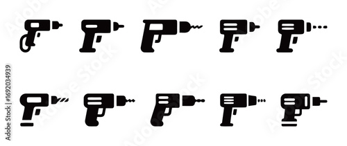 A comprehensive set of power drill icons, useful for home improvement, construction, and handyman service projects.
