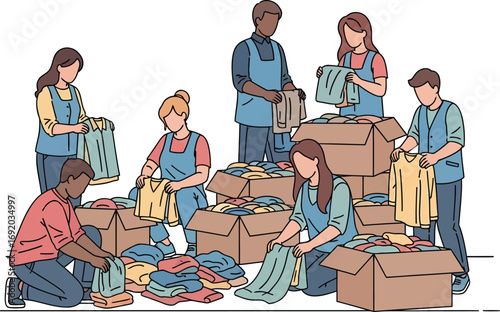 Diverse volunteers sorting and packing clothing donations into cardboard boxes.