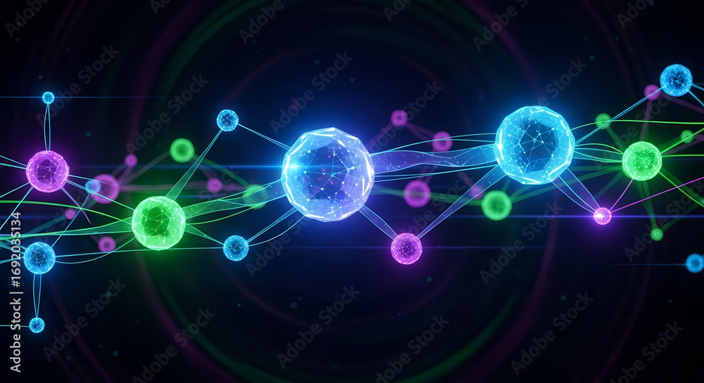 Obraz premium Quantum Entanglement Visualization – Neon Particle Network for Physics, Computing, and Data Transfer Concepts