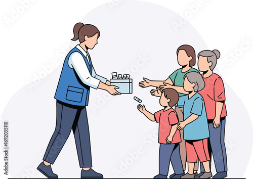 Healthcare worker distributing medicine to a family.