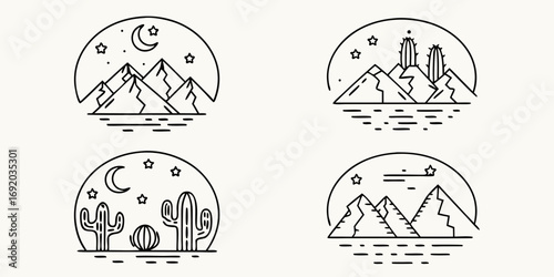Minimalist line art collection of desert landscapes with mountains cacti moon and stars