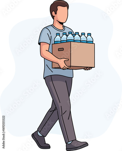 Man carrying a box of bottled water.