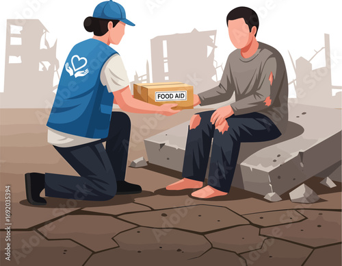 Humanitarian aid worker provides food to a person in a wartorn city.