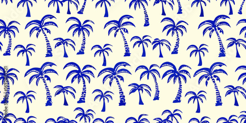 Seamless pattern of blue palm trees on a light cream background