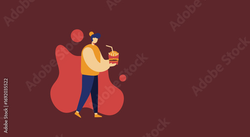 Stylized person holding a fast-food combo of burger, fries, and drink. Ideal for takeout, delivery, casual dining, and quick meal concepts.