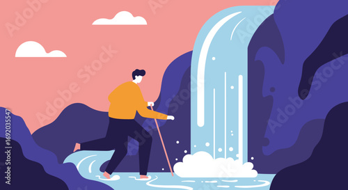 An adventurous traveler explores a vibrant natural landscape, wading through water near a majestic waterfall, symbolizing discovery and journey.