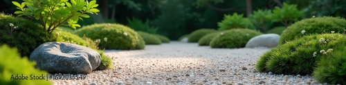Serene scene of a minimalist zen garden; raked gravel, carefully placed rocks, and lush green moss create a peaceful atmosphere ideal for meditation and contemplation ,  focus,  gravel
