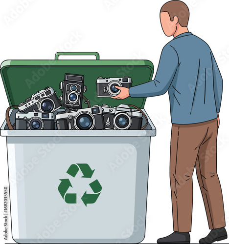 Man discarding vintage cameras into recycling bin.