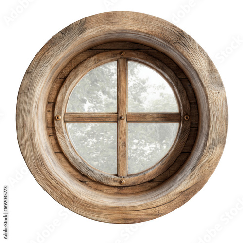 Round Wooden Window Frame with Rustic Design and Soft Light