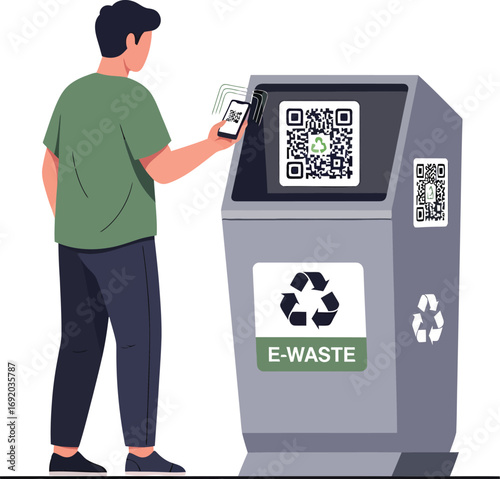 Man scanning QR code on ewaste recycling bin with smartphone.
