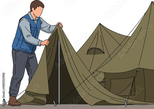 Man setting up a large canvas tent for camping.