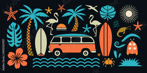 Retro summer vacation collection with a vintage van surfboards flamingos palm trees and tropical elements