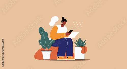 Woman works remotely with laptop and smartphone, surrounded by plants. Modern illustration depicting online business, distance learning, and digital connectivity.