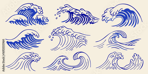 Collection of nine stylized blue wave illustrations on a cream background