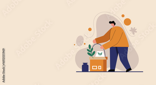 A person carries a moving box with a plant and personal items, symbolizing relocation, new beginnings, or a fresh start.