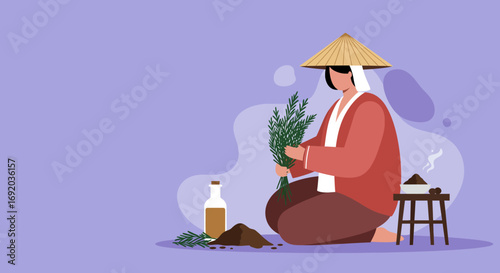 Woman in a traditional conical hat preparing natural herbal remedies. Featuring fresh herbs, oil, and powdered ingredients for wellness and holistic health concepts.