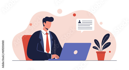 Professional businessman working on a laptop, engaging in online communication or application processes. Ideal for concepts of remote work, HR, recruitment, and digital business.