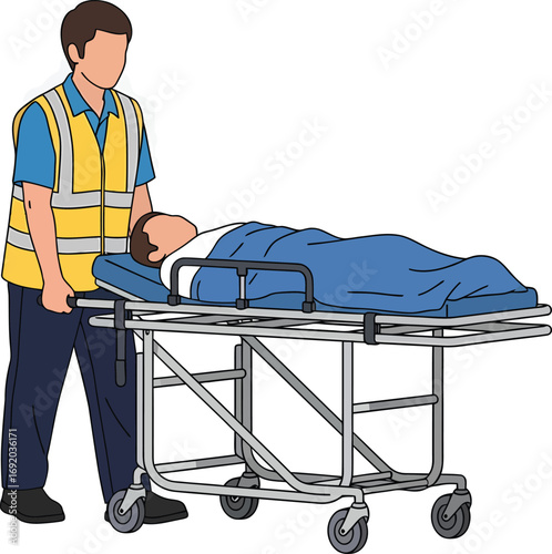 Paramedic pushing patient on a medical stretcher.