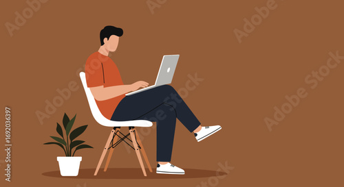 Modern man focused on his laptop, depicting remote work, online learning, and digital productivity in a comfortable home or office setting.