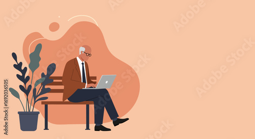 Senior man focused on laptop, working remotely or enjoying digital leisure on a park bench. Represents modern retirement, technology use, and remote work lifestyle.