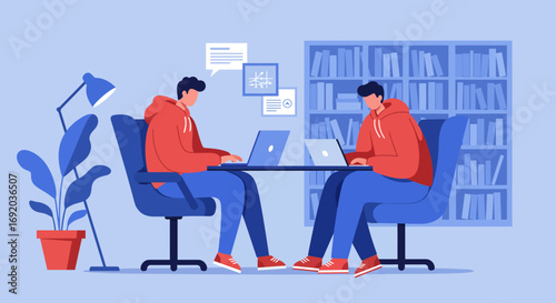 Two people in hoodies diligently working on laptops at a modern desk with a bookshelf, illustrating remote work, collaboration, and learning.