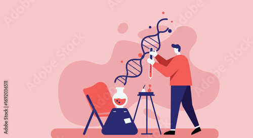 A scientist conducting genetic research, working with a large DNA helix and lab equipment. Ideal for medical, biotechnology, and educational content.