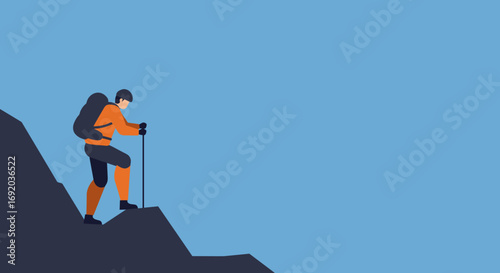 Determined hiker with backpack and poles ascends a mountain, symbolizing adventure, challenge, progress, and outdoor exploration. Ideal for themes of success or healthy lifestyle.