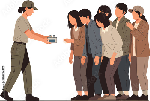 Person in uniform distributing supplies to a line of people.